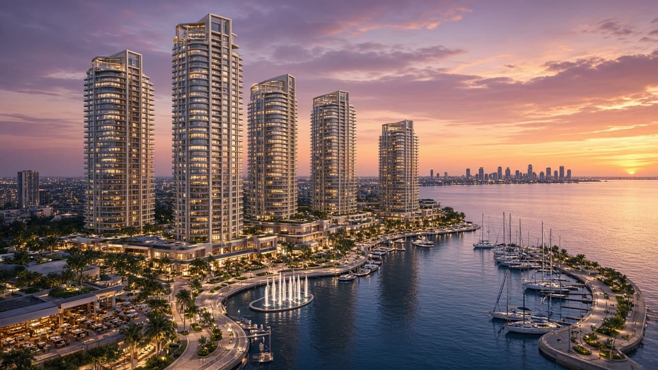 EMRT Developers — waterfront residences at dusk