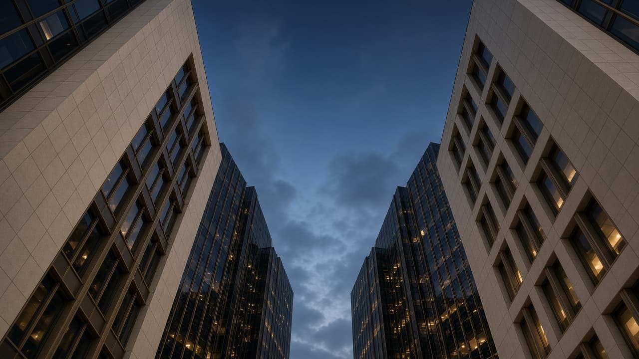 Modern towers seen from street level at dusk