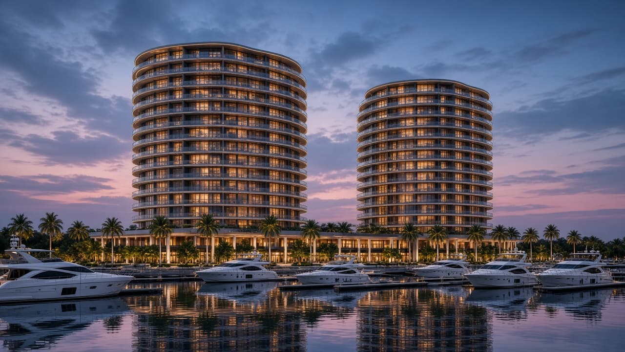 EMRT Developers marina residences at dusk