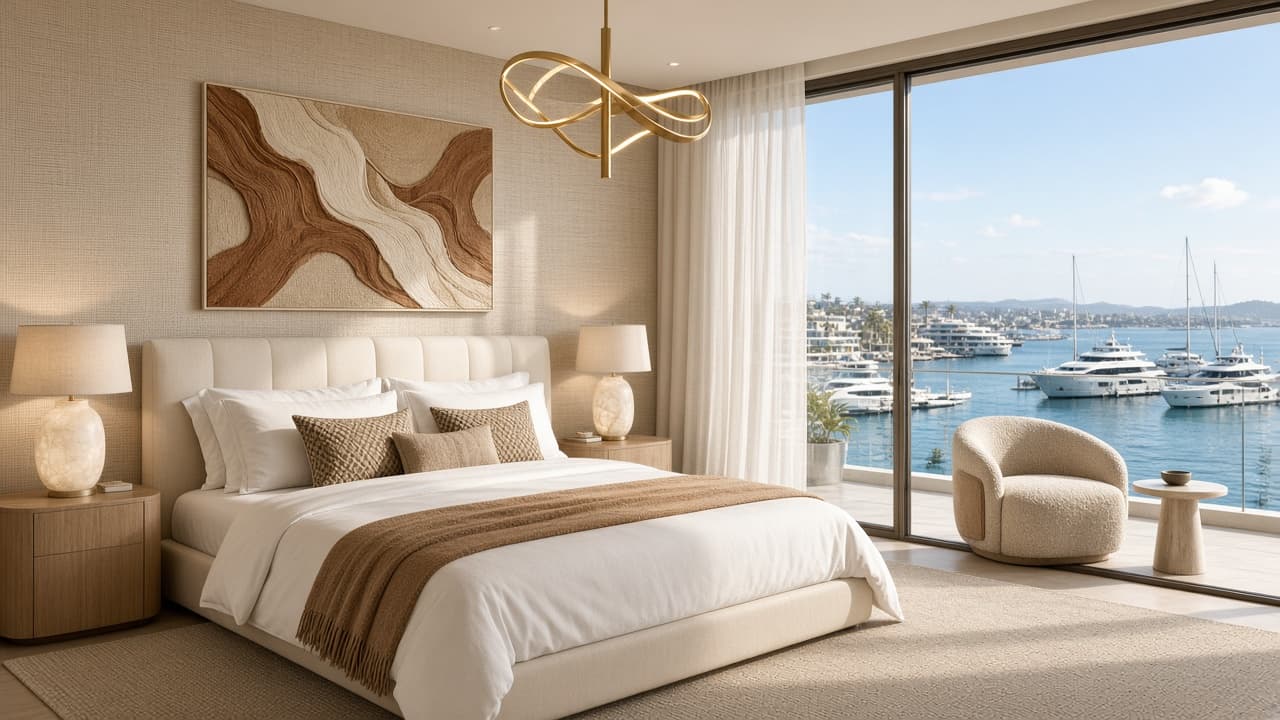 Principal bedroom opening onto a marina-facing terrace